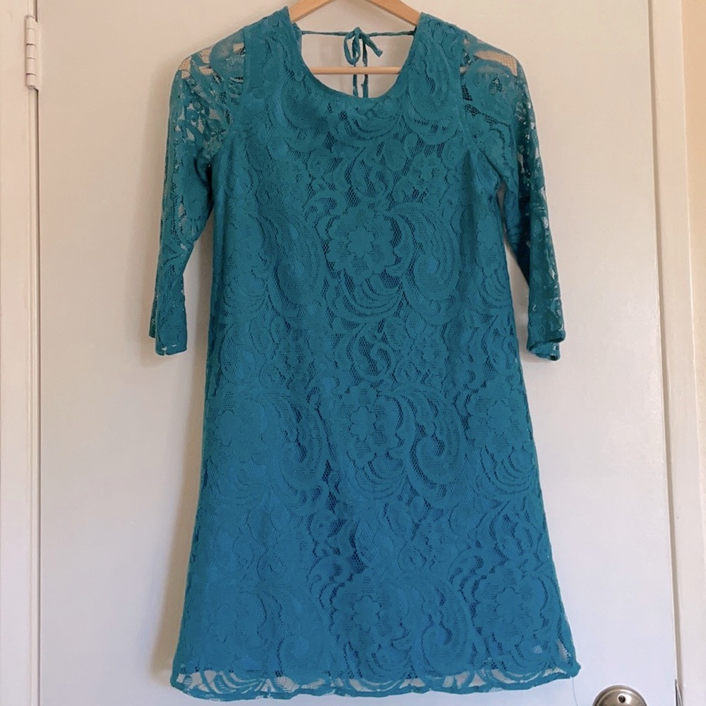Teal lace sheath dress